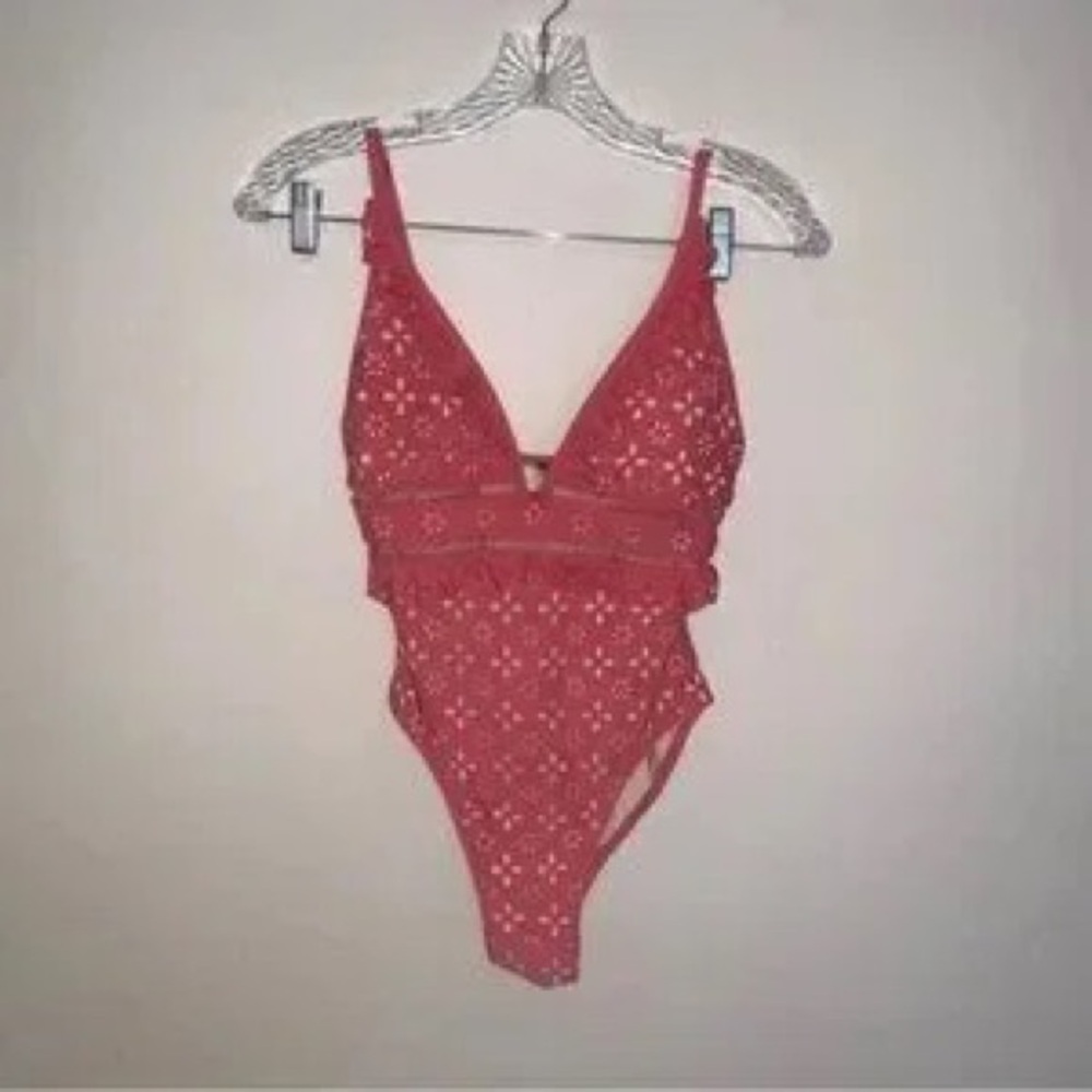 Red Kids One-Piece Swimsuit with Eyelet Detail